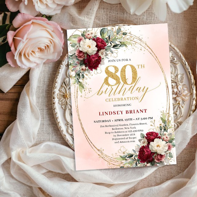 Invitación Elegante Burgundy Boho Botánico 80 Cumpleaños   (Elegant Burgundy Boho Botanical 80th Birthday Invitation)
