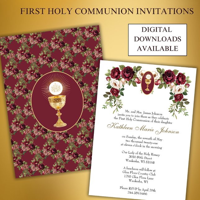 Invitación Elegante Burgundy Católico Primera Comunión Santa (Subido por el creador)
