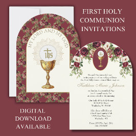 Invitación Elegante Burgundy Católico Primera Comunión Santa