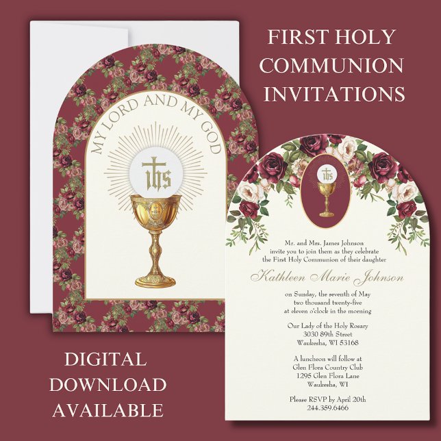 Invitación Elegante Burgundy Católico Primera Comunión Santa (Subido por el creador)
