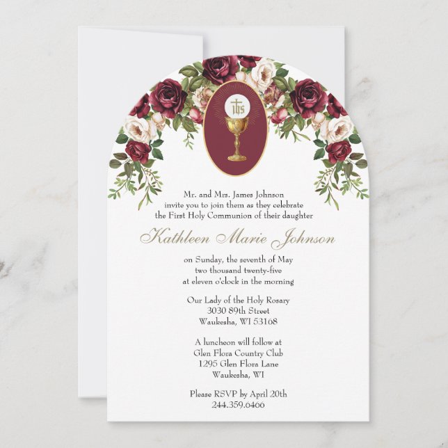Invitación Elegante Burgundy Católico Primera Comunión Santa (Anverso)