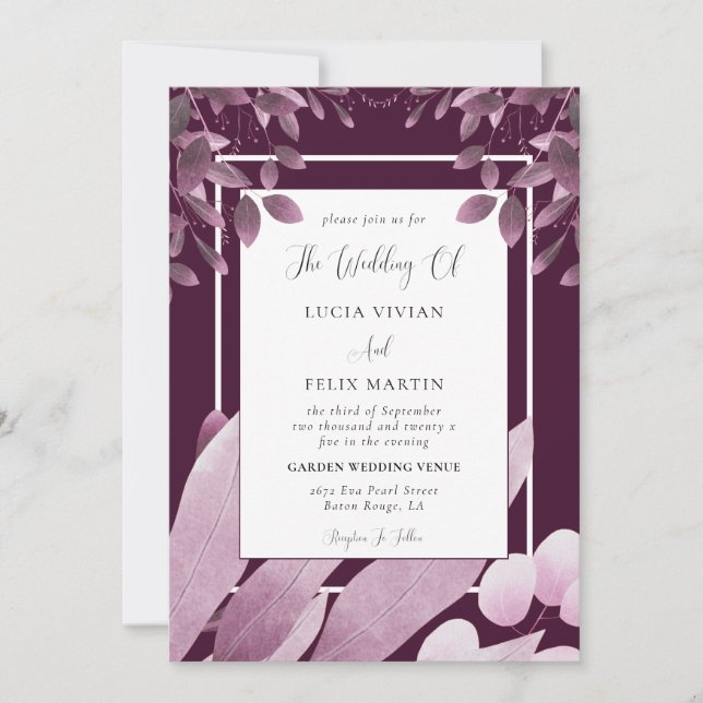 Invitación Elegante Burgundy deja al Boda fotográfico del cód (Anverso)