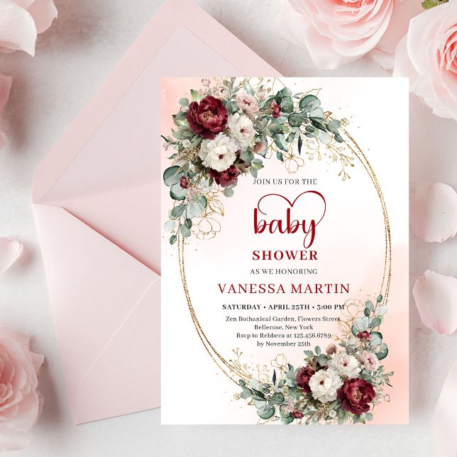 Invitación Elegante Burgundy Floral Corazón Fuente Bebé  (Elegant Burgundy Floral Heart-Shaped Font Baby Shower Invitation)