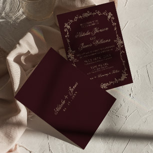 Invitación Elegante Burgundy Floral Dinero Antiguo Boho Chic 