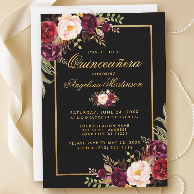 Invitación Elegante Burgundy Floral Quinceanera Oro Negro (Subido por el creador)