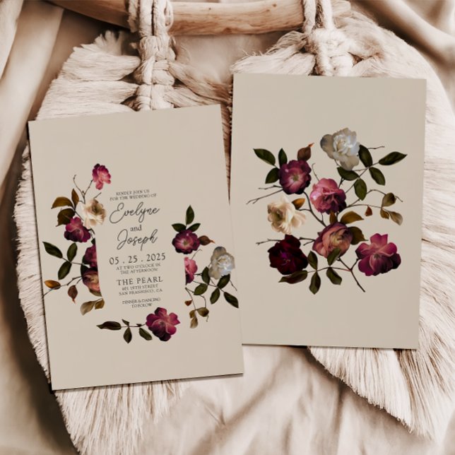Invitación Elegante Burgundy Flores Boho Moda Boda moderno (Subido por el creador)