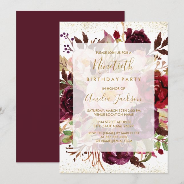 Invitación Elegante Burgundy Gold Cumpleaños 90 (Anverso / Reverso)