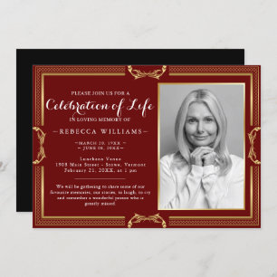 Invitación Elegante Burgundy Gold Photo Celebration of life