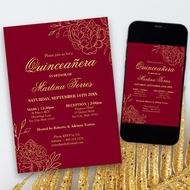 Invitación Elegante Burgundy Gold Sketch Floral Quinceanera (Red and Gold Quinceanera Invitation with church ceremony, from my Gold Sketched Floral collection
)