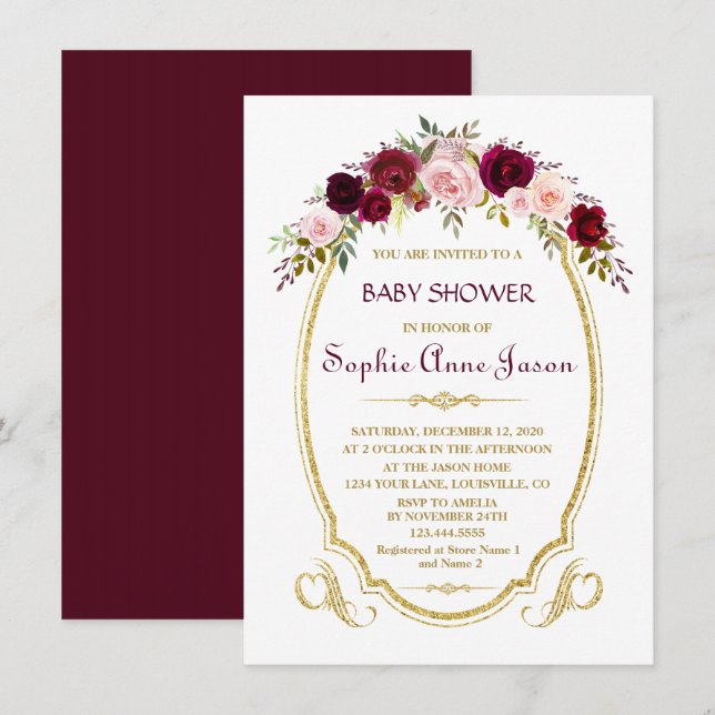 Invitación Elegante Burgundy Marsala Floral Fall Baby Shower (Anverso / Reverso)