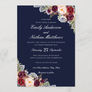 Invitación Elegante Burgundy Naval Floral Encaje Boda