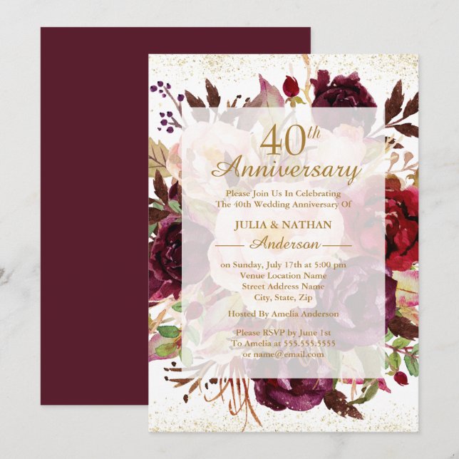 Invitación Elegante Burgundy Oro 40 Aniversario de Bodas (Anverso / Reverso)