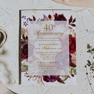 Invitación Elegante Burgundy Oro 40 Aniversario de Bodas