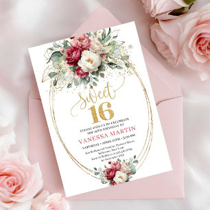 Invitación Elegante Burgundy Oro Blanco Floral Cumpleaños Die