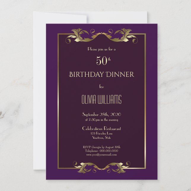 Invitación Elegante Burgundy Purple Gold Cena 50 cumpleaños (Anverso)