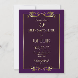 Invitación Elegante Burgundy Purple Gold Cena 50 cumpleaños