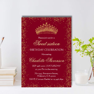 Invitación Elegante burgundy Purpurina Gold Crown Sweet 16 Bd