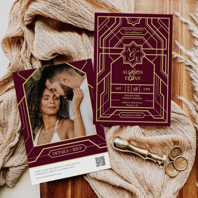 Invitación Elegante Burgundy Retro Art Deco Oro QR Código Fot (Subido por el creador)