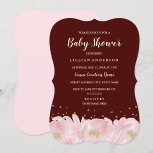Invitación Elegante Burgundy Rosa Dorado Peonía Niña Baby Sho