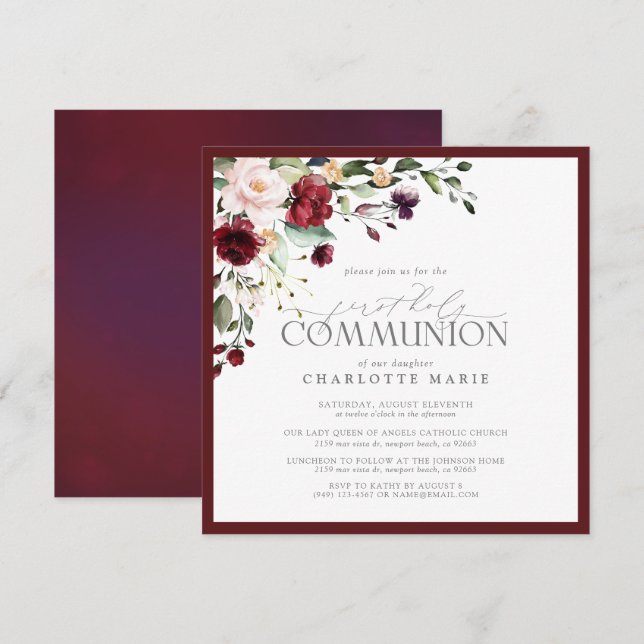 Invitación Elegante Burgundy Rubor Floral Primera Santa Comun (Anverso / Reverso)