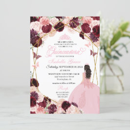 Invitación Elegante Burgundy Rubor Floral Rosa Quinceanera