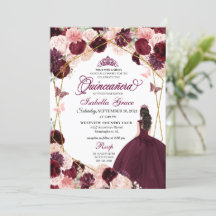 Elegante Burgundy Rubor Floral Rosa Quinceanera