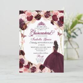 Invitación Elegante Burgundy Rubor Floral Rosa Quinceanera