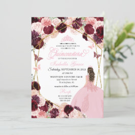 Invitación Elegante Burgundy Rubor Floral Rosa Quinceanera In