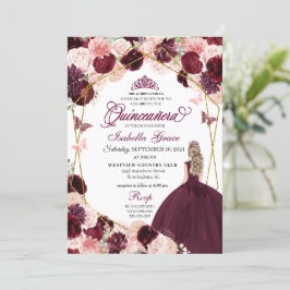 Invitación Elegante Burgundy Rubor Floral Rosa Quinceanera In