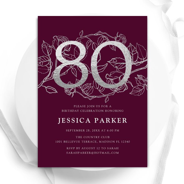 Invitación Elegante Burgundy Silver 80 cumpleaños (Subido por el creador)