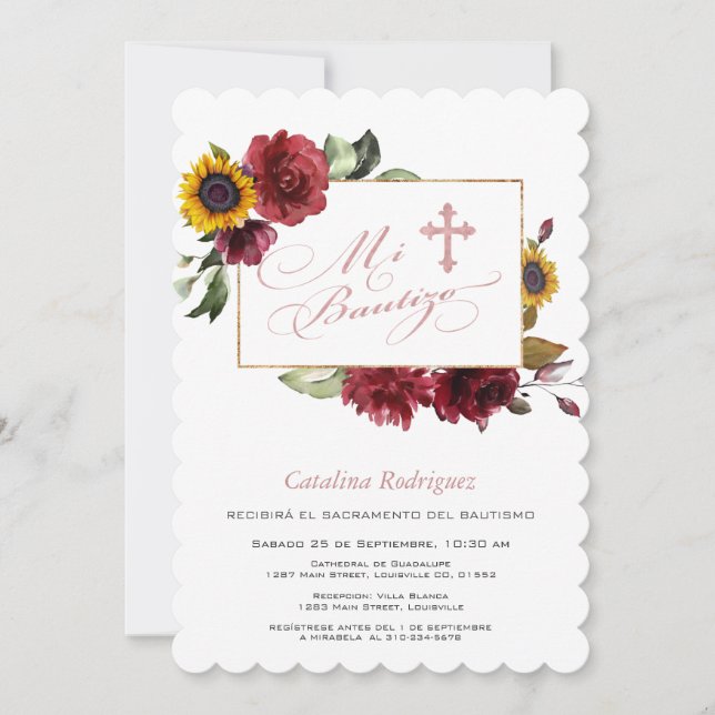 Invitación Elegante Burgundy Sunflowers Gold Cross Baptism (Anverso)