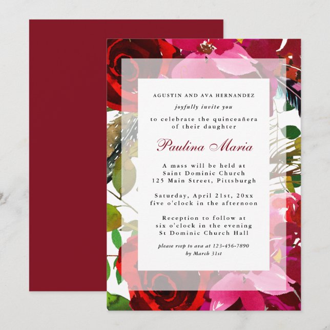 Invitación Elegante Burgundy Watercolor Floral Quinceañera (Anverso / Reverso)