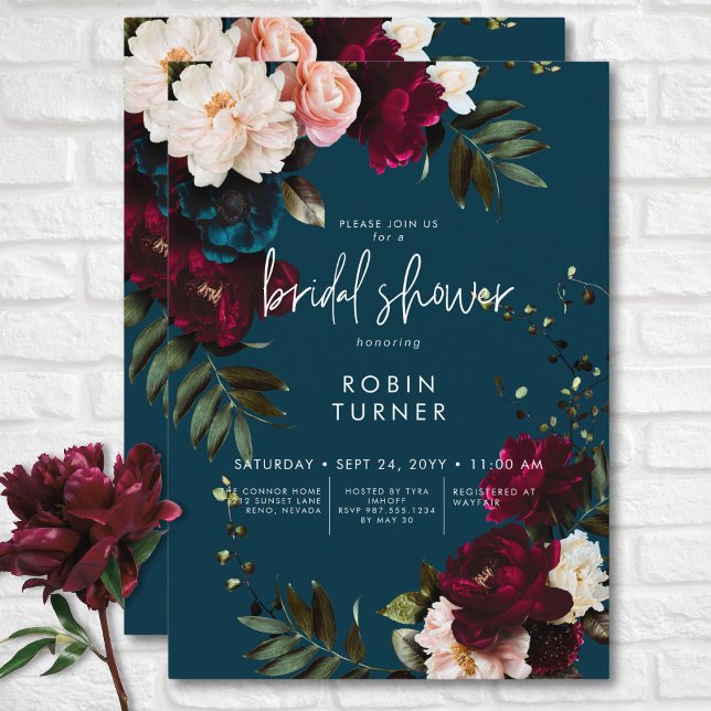 Invitación Elegante Burgundy y Azul Fiesta de Despedida de So (Elegant Burgundy & Blue Floral Bridal Shower Invitation)