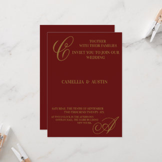 Invitación Elegante Burgundy y Monograma con Hoja de Oro 