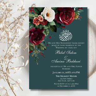 Invitación Elegante Burgundy y Rosas Blancas Floral Islámico