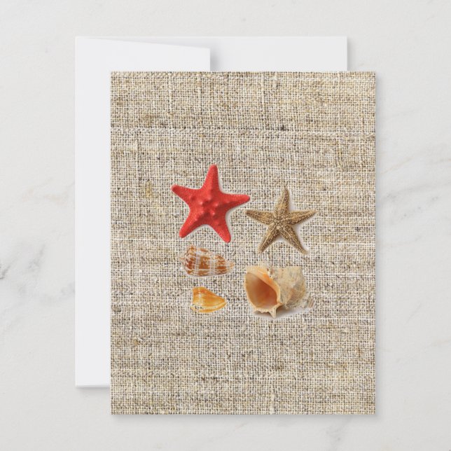 Invitación elegante burlap conchas marinas boda de playa (Anverso)