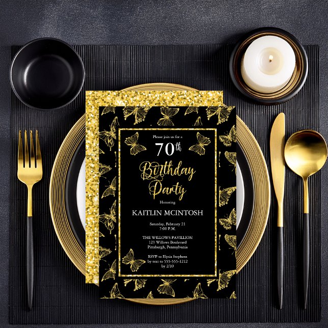 Invitación Elegante Butterflies Black Gold Fiesta de cumpleañ (Elegant Black and Faux Gold Glitter Butterflies 70th Birthday Party Invitation - Print | Digital)