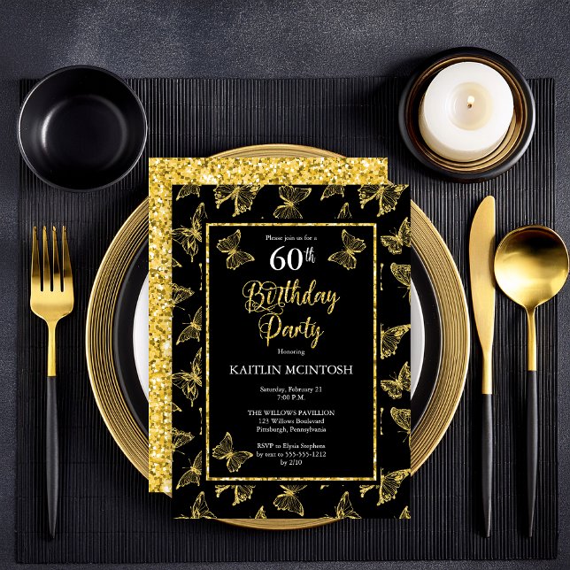 Invitación Elegante Butterflies de oro negro Fiesta de cumple (Elegant Black and Faux Gold Glitter Butterflies 60th Birthday Party Invitation - Print | Digital)