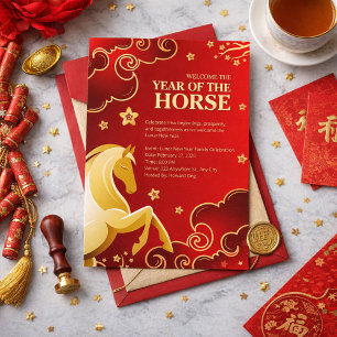 Invitación Elegante Caballo de Año Nuevo Lunar Rojo Oro