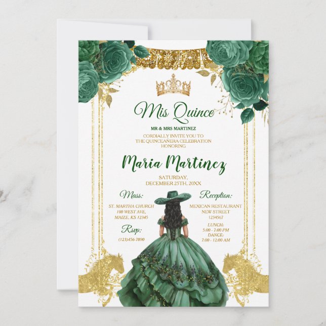 Invitación Elegante Caballo de Oro Floral Verde Esmeralda Mis (Anverso)