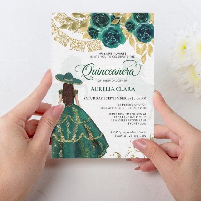 Invitación Elegante caballo verde esmeralda floral Quinceañer (Subido por el creador)