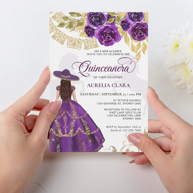 Invitación Elegante caballo violeta morado floral Quinceañera (Subido por el creador)