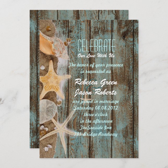 Invitación elegante cabaña de océano boda de conchas de playa (Anverso / Reverso)