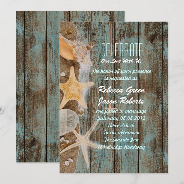 Invitación elegante cabaña de océano boda de playa con concha (Anverso / Reverso)