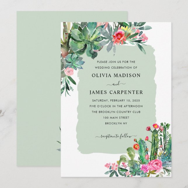 Invitación Elegante Cactus Suculento Verdor Boda Floral (Anverso / Reverso)