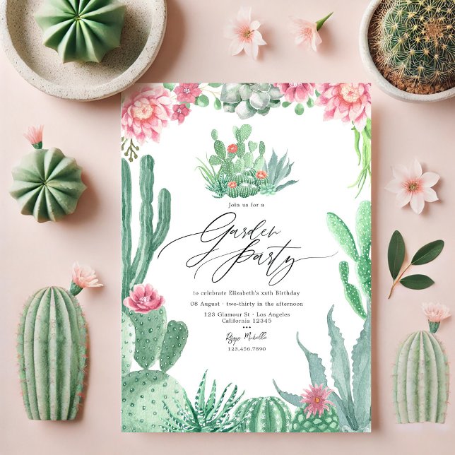 Invitación Elegante Cactus y Fiesta de Jardín de los Blooms R (Elegant Cactus and Pink Blooms Garden Party Invitation)