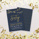 Invitación Elegante cadena azul moderno de luces 60 cumpleaño<br><div class="desc">Elegante invitación a la Fiesta de Cumpleaños 60 con hilos de luces y la palabra "Sesenta" en oro falso contra un fondo azul oscuro. La tarjeta incluye un patrón de correspondencias en la parte posterior. Consulte otros elementos coincidentes aquí https://www.zazzle.com/collections/strings_of_lights_faux_gold_celebration_collection-119311942951401241?rf=238364477188679314 Personalícelo reemplazando el texto del marcador de posición para agregar...</div>