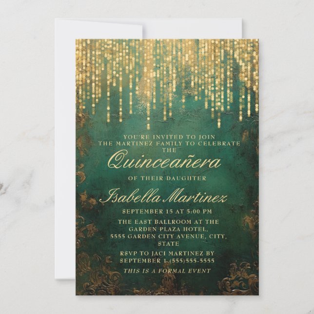 Invitación Elegante cadena dorada verde ilumina Quinceañera (Anverso)