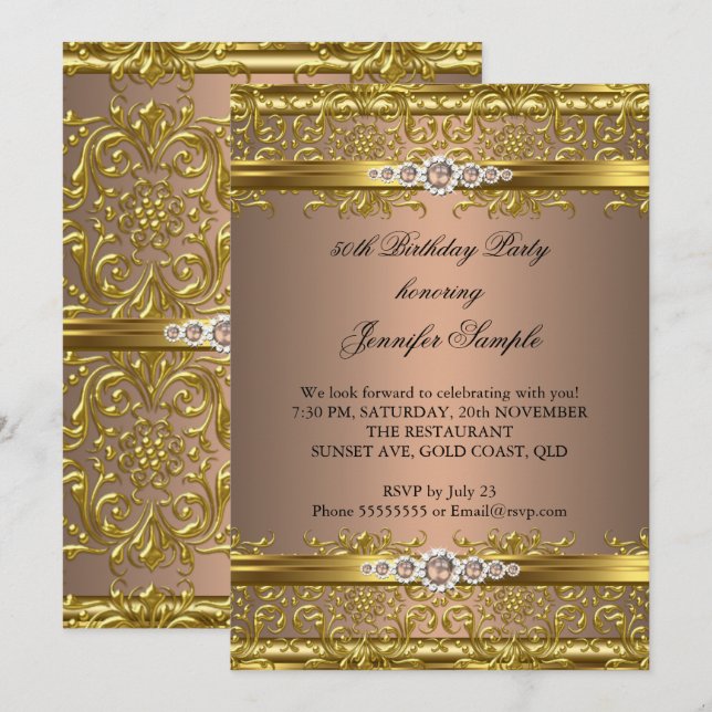 Invitación Elegante café Brown Oro Damasco de Diamante Cumple (Anverso / Reverso)