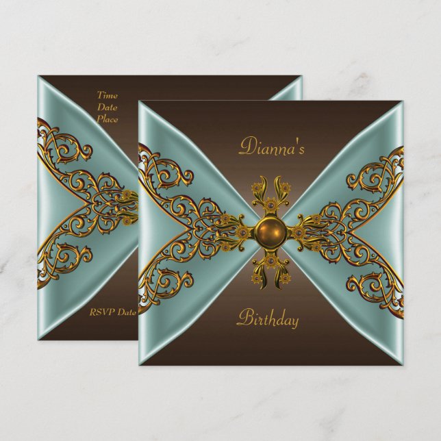Invitación Elegante café de cumpleaños marrón viejo oro Verde (Anverso / Reverso)